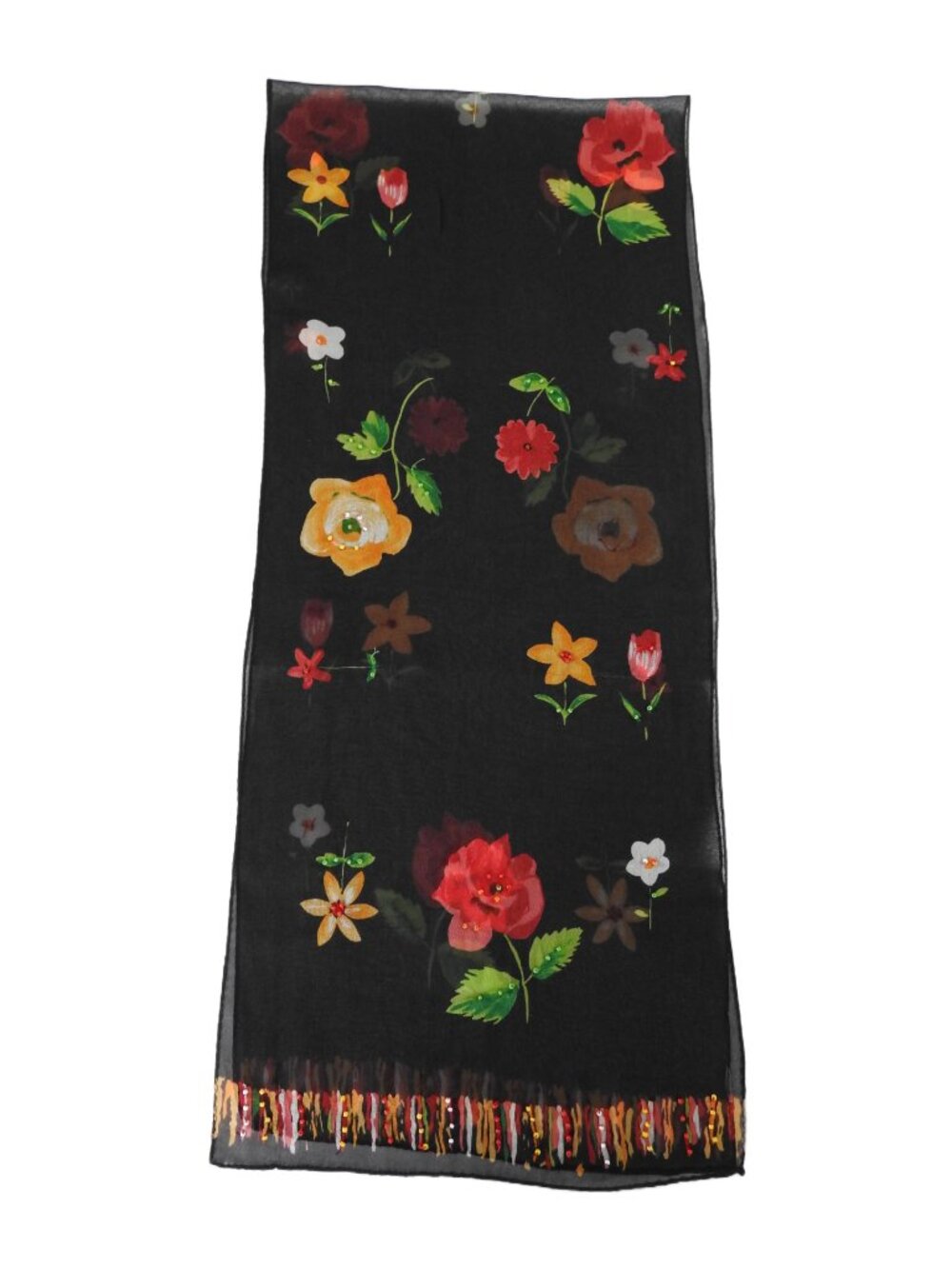 Vintage Black Silk Chiffon Beaded Floral Scarf Long Sheer 49.5”